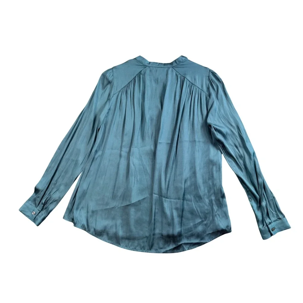 Boho Pleated Satin Blouse XS Teal Long Sleeve Yoke Top See U Soon - Picture 3 of 10